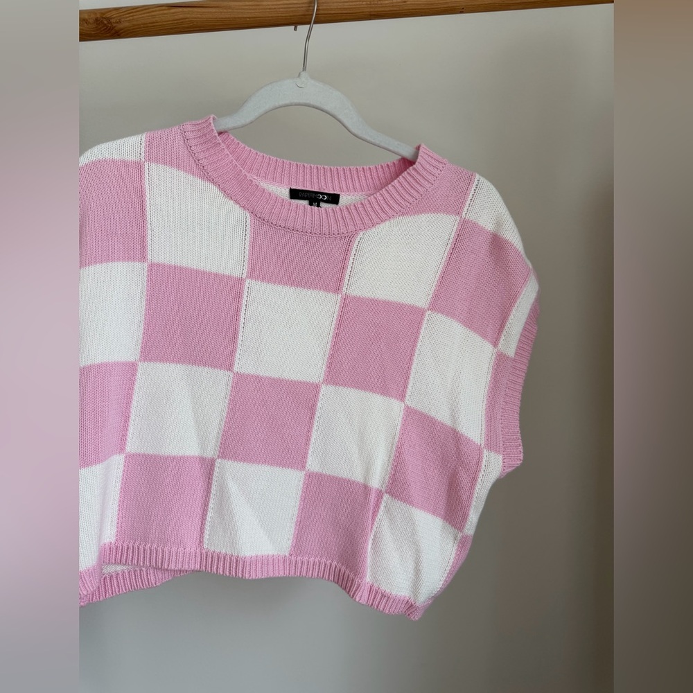 Papermoon Pink and White Checker Knit Crop Sweater Vest